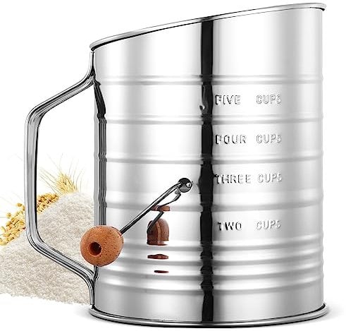 COZHYESS Flour Sifter, Stainless Steel Flour Sifter, 5 Cup Rotary Hand Crank Flour Sieve Cup, with 2 Wire Stirrers, Quick Sieving, make flour fine, for Flour, Sugar, Cinnamon, Spice Powder