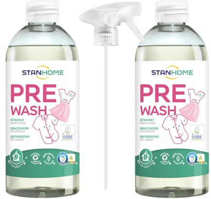 Stanhome Pré-lavage détachant prélavé pour vêtements, nettoie et élimine les taches, tous types de tissus, nouveau format (2 x 500 ml)
