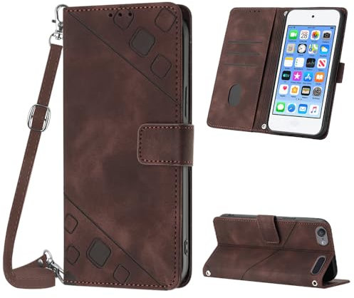 Mo-Beauty Hülle mit iPod Touch 7/6 / 5, PU Leder Flip Crossbody Handyhülle, verstellbare abnehmbare Halskette [Ständer] [Kartenfach] [Magnet] Schutzhülle für iPod Touch 7 - Braun