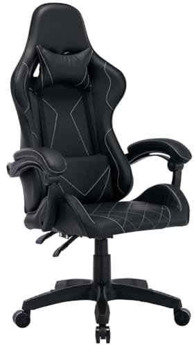 BAKAJI Sedia Poltrona Gaming Scrivana Ufficio Casa in Ecopelle Schienale Reclinabile Cuscino Lombare Poggiatesta Rotazione 360 Gradi Direzionale Altezza Regolabile Base 5 Ruote con Poggiapiedi (Nero)