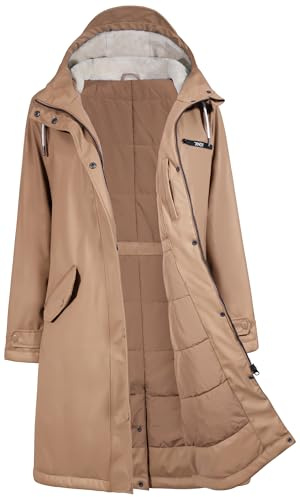 Regenmantel Damen Wasserdicht Regenjacke Winterjacke Damen Lang Wintermantel Warm Gefütterte Friesennerz Übergangsjacke Herbst Softshelljacke mit Kapuze Windbreaker Parka Winter,KHAKI,44
