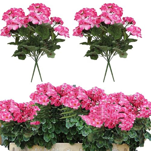 RXMORI 4 Piezas Geranios Artificiales Flores de Seda Plantas Geranio Arbusto, Geranios Rosa Geranio de Seda Sintética Arbustos Florales Arreglos Florales para Decoración de Macetas Al Aire Libre(#2)