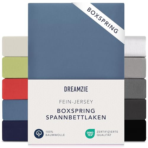 Dreamzie Premium Spannbettlaken 180x200 cm - 200x200 cm - 37cm Seitenhöhe - auch für Boxspringbett & Wasserbett - Bettlaken Boxspringbett 100% Jersey Baumwolle, 150 g/m² - Oeko-TEX - Blau