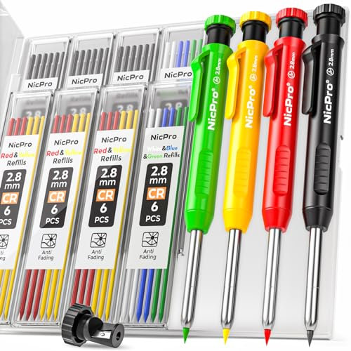 Nicpro 4 Pièces Porte Mines avec Taille crayon, Crayon Chantier avec 52 Recharges, Crayon Charpentier Marqueur à trou Profond, Crayons Menuisier pour Architecte Menuisier(Rouge, Jaune, Noir, Vert)