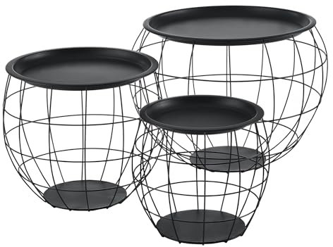 In And OutdoorMatch Beistelltisch Nedra - Couchtisch - 3er Set - Abnehmbare Tischplatte - Schwarz - Metall und MDF - Modernes Design