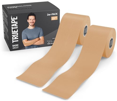 TRUETAPE® Kinesiotape – BASIC Uncut Duo – 2x Rollen (5 m x 5 cm) ungeschnitten – Wasserfestes & Elastisches Kinesiologie Tape – Physiotape mit starker Klebekraft für Alltag & Sport – 2 x Beige