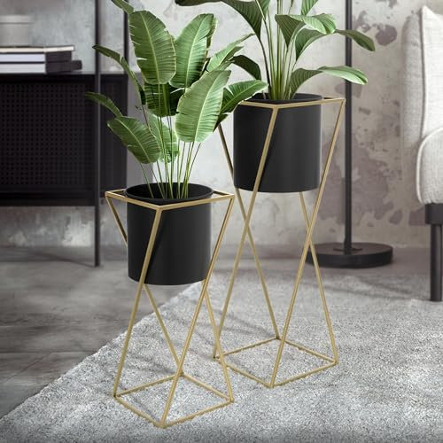 ML-Design Blumenständer 2er Set, Schwarz-Gold, 21x21x51/24x24x70,5 cm, Stahl, Blumentopfständer mit Übertopf, Metall Pflanzenständer, Blumentopfhalter 2-TLG, Pflanztopf Deko Blumensäule Blumenhocker