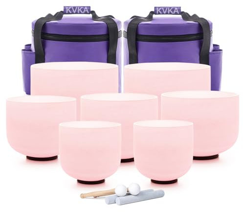 KVKA Light Pink Crystal Singing Bowls Set, 432HZ Set of 7 PCS Frosted Quartz 7-12 Inch Sound Bowls for Therapy Meditation Healing with Travel Carry Case Bag