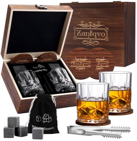 Zanfqvo Whisky Gläser Set - Whiskey Geschenke für Männer- Whisky Geschenkset mit Whiskey Gläser (2x 250 ml), Whisky Steine & Zubehör - Weihnachtsgeschenke für Papa, Mann