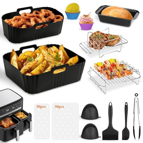 Heißluftfritteuse Zubehör für Tefal EY9018 Dual Easy Fry 5,2/3,1 L, 115 Stück, Grillrost, Grillrost, Kuchenformen, Backpapier, Airfryer Silikonform für Tower T17099/Salter EK5729