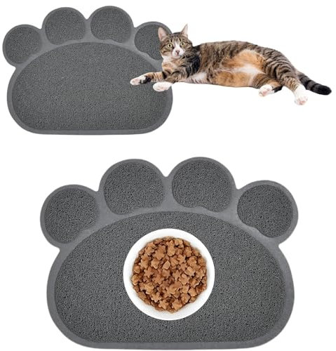 Tianher PVC Durable Chat Chien Tapis de Litière pour Chats Set de Table Pet Chiots Chaton Bol Aliments Patte Forme Bac Napperon Anti-Glissement (Gris, 45 * 60cm)