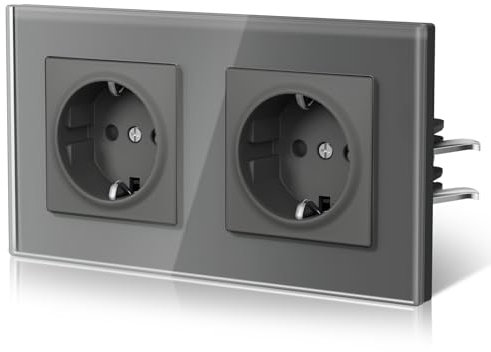 BSEED Schuko Steckdose 2 Fach EU-Standard Einzel Wandsteckdose Kristall Glas Platte 16Amp 250 V Erhöhtem Berührungsschutz Einfache Installation Weiß 157mm Grau