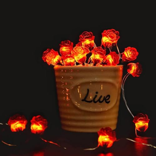Falafoty Rose Fairy String Lights, 3 m Rose Flower Fairy Lights 20 LED Battery Operated Rose Flower Decorative Fairy Lights for Valentine's Day Wedding Anniversary Garden Home Party (Red)