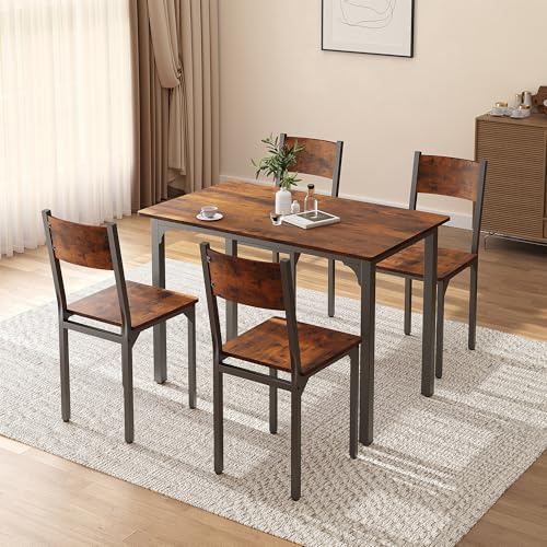 OC Orange-Casual 5-teilig Esszimmertisch Set, Esszgruppe für 4 Personen, Esstisch mit 4 Stühle aus MDF& Metall, Esszimmergruppe im Industrial-Look für Esszimmer, Küche, Vintagebraun (2 Packet)