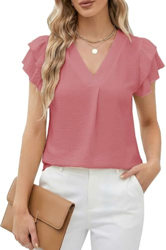 Teesho Camicetta da donna a maniche corte, elegante, estiva, con volant, colletto alto, da lavoro, a tunica, a maniche corte, A1-rosa., S