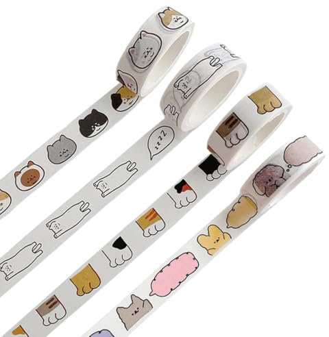 4 Rouleaux de Washi Tape, Chaton Mignon Rouleaux Masking Tape Ruban adhesif decoratif, pour arts et travaux manuels de bricolage, scrapbooking, Bullet, journal, Planning, cadeaux, décoration,15mm x 5m