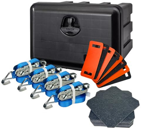 LOADCARE Ladungssicherung Set für PKW Transporter Anhängerkiste wasserdichte Deichselbox mit Zubehör 500x350x400 (Mit Gurten, Kantenschutz + Antirutschmatten)