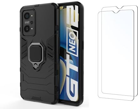 Max Power Digital Funda y 2 Cristal Templado para móvil Realme GT Neo 2 5G Carcasa Magnética con 2 Piezas Protectores Anillo Imán Antigolpes Resistente Rígida Dura (Realme GT Neo 2 5G, Negro)