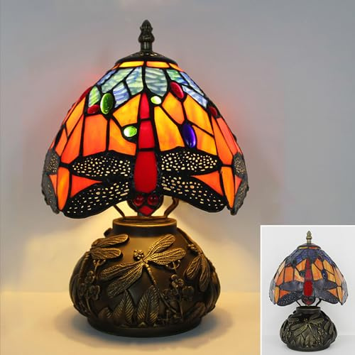 Chao Zan Tischlampe libelle, Buntglas Lampenschirme Vintage Schreibtischlampe, Schlafzimmer Lampen Nachttisch, Tischleuchte Wohnzimmer, Nachttischlampe klein retro (B)