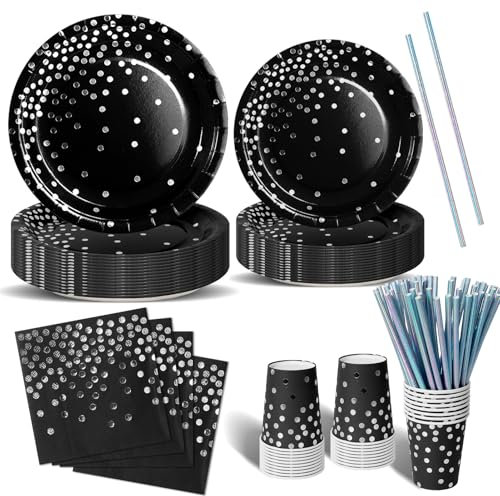 Nkaiso Anniversaire Vaisselle de fete 120 Pièces Noir et Argent Party Assiette Anniversaire Set Comprendre Assiette Jetables Papier Tasses Serviettesr pour Party Decoration Baby Shower -24 Invités
