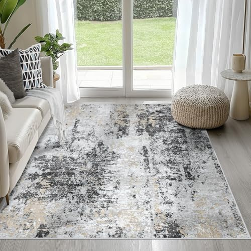 Teppich für Wohnzimmer, 10,2 x 15,2 cm, waschbar: abstrakter Teppich für Esszimmer, Schlafzimmer, rutschfest, 10,2 x 15,2 cm, für Innenbereich, modernes Kinderzimmer, Zuhause, Büro, Schwarz, Grau