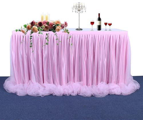 Lifup Gonna da Tavolo Tutu Tulle per Festa Dessert Compleanno Banchetto Decorazione Tovaglia Rosa L427 cm x H77 cm