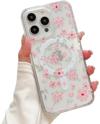 QLTYPRI Magnetic for iPhone 16 Pro Case Compatible with Magsafe, Cute Floral Flower Aesthetic Phone Case Slim Clear Anti-Yellowing Shockproof Phone Cover for Girls Women - Pink