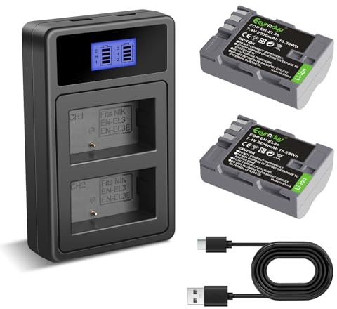 Eeyrnduy EN-EL3e 2-Pack Battery 2200mAh and Dual USB Charger Compatible with Nikon D50, D70, D70s, D80, D90, D100, D200, D300, D300S, D700 Digital SLR Cameras (EN-EL3e)