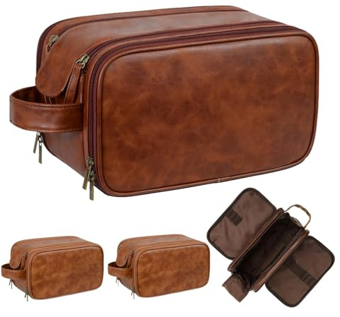 Trousse de toilette de voyage pour homme, poignée double couche, trousse en cuir synthétique résistant à l'eau, fête des pères, Noël, Thanksgiving, garçons d'honneur, cadeau de mariage (marron