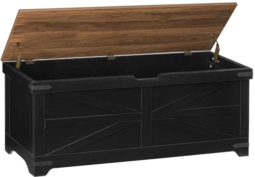 MAHANCRIS Large Toy Chest, 47.2 Wooden Toy Box with 2 Safety Hinges, Farmhouse Style Storage Bench, Blanket Storage Chest for Living Room, Entryway, Bedroom, Black+Walnut SCHZ18601