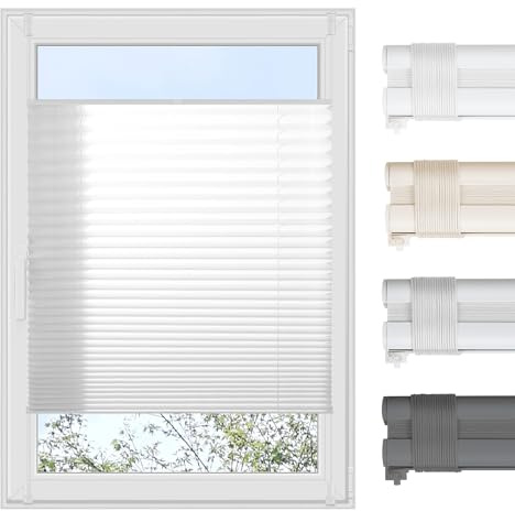 Grandekor Plissee Klemmfix ohne Bohren Faltrollo Jalousie (B75 x H120 cm) Weiß | Alustange, Zubehör & Stoff farblich einheitlich – Sicht- & Sonnenschutz Rollos für Fenster & Tür