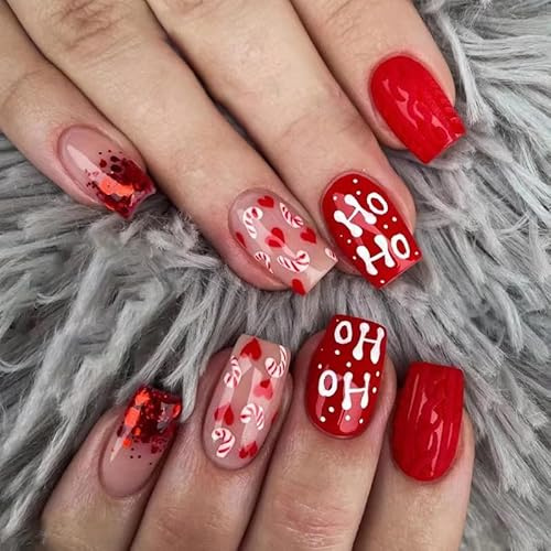 MouyouGlow Press on Nails Kurz,Square Christmas 3D Rot Glitzer French Herz Candy Cane Cute Weihnachten XMAS Fake Nails mit Nagelkleber,Red Bling Tips Love Winter Neujahr Künstliche Fingernägel