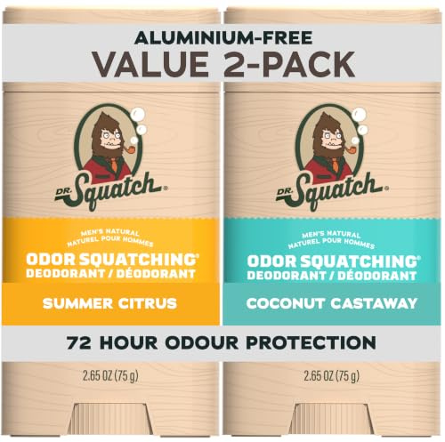 Dr. Squatch Natural Men’s Deodorant – Aluminium Free Natural Deodorant For Men with Charcoal & Postbiotics for 72-Hour Odor Protection – Summer Citrus & Coconut Castaway, 75g Stick (2-pack)