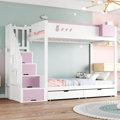 KOMHTOM Lit Superposé pour Enfant 90x200 cm, Lit Mezzanine 2 Places avec 2 Tiroirs et Escaliers de Rangement, Cadre de lit pour Garçons et Filles(sans Matelas) (Blanc + Rose)