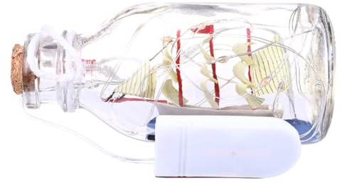 Veilleuse LED Bouteille Flottante Voilier Style Méditerranéen | Verre, Fil de Cuivre et Bois, Décoration de Bureau ou Salon, Pile Bouton 2 X Incluse