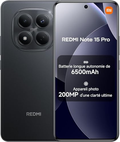 XIAOMI Smartphone Redmi Note 15 Pro NFC, 12 + 512 Go, Couleur Noir, IP65, écran AMOLED, Android 15, processeur Mediatek Helio G200 Ultra, Appareil Photo 200 MP, 6,77 Pouces, 45W, sans Chargeur