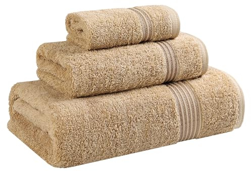 SUPERIOR Egyptian Cotton 3-Piece Towel Set, Basic Towels for Bathroom, Home Decor, Guest Bath, Shower, Apartment, Included 1 Face, 1 Hand, 1 Bath Towel, Washcloth, Quick Dry, Toast
