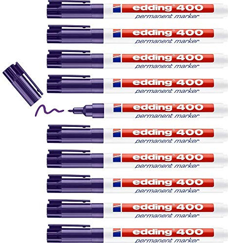 edding 400 Permanentmarker - violett - 10 Stifte - feine Rundspitze 1 mm - wasserfest, schnell-trocknend - wischfest - für Karton, Kunststoff, Holz, Metall, Glas