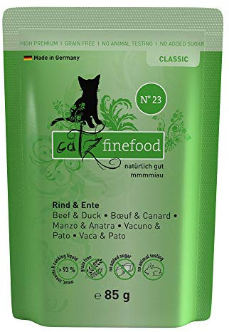 catz finefood N° 23 Rind & Ente Feinkost Katzenfutter nass, verfeinert mit Cranberry & Aloe Vera, 16 x 85g Beutel