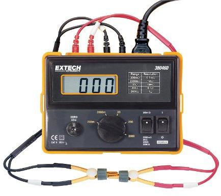 Extech 380460 Präzisions-Milliohmmeter, 4-Leiter Kelvin, 0,1mOhm | Niederwiderstandstester, LCD 1999 Zähler, 5 Bereiche bis 2kOhm, Kelvin-Klemmen, manueller Nullabgleich