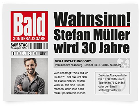 Personalisierte witzige Einladungskarten zum Geburtstag (ab 10 bis 100 Stück) als Zeitung Presse Meldung Magazin Nachrichten, DIN A6, dickes 300g/qm Papier