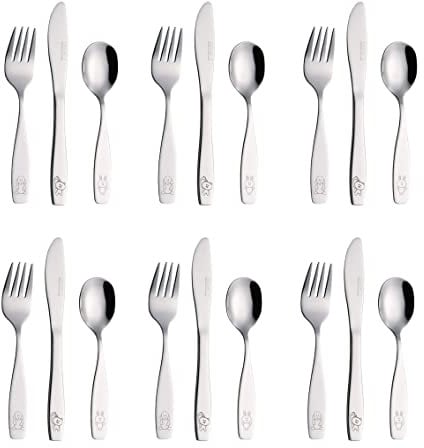 Exzact Couverts enfant en inox 18 Pièces: 6 x Fourchettes, 6 x Couteaux, 6 x Cuillères (Chien-Chat-Lapin)