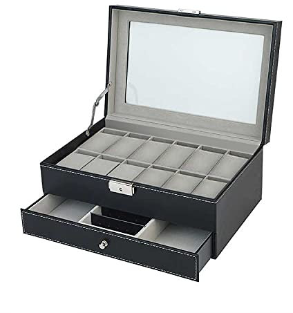 SELVA Uhren Sammelbox, Kombikoffer für Uhren und Schmuck, Lederoptik, Platz für 12 Uhren, Farbe: Schwarz/Grau