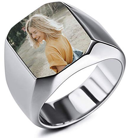 INBLUE Personalisierte Siegelring Gravur Farbbild Benutzerdefiniert Foto für Männer Jungen Frauen Mädchen Memorial Edelstahl-Schmuckpaket mit Ring Größen Einstellen (Silberfarbe)