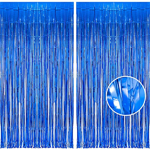 BRAVESHINE 2 Stück Metallic Lametta Folie Fransen Vorhänge, Sparkle Metallic Photo Booth Hintergrund Lametta Tür Vorhänge für Weihnachten Geburtstagsfeier Hochzeit Disco Deco (Blau, 1X2,5m)