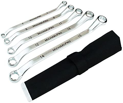 MichaelPro MP001034 5-Piece 45 Degree Anti Shedding, Double Ring Spanner Set, Offset Spanner, Ring Spanners, Swan Neck Ring Spanner Set, Offset Ring Spanner Set, Metric, with Roll Bag