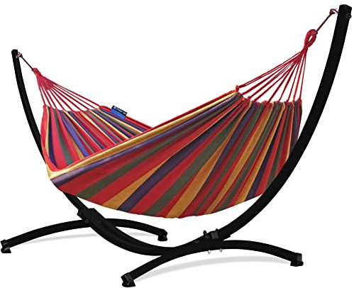 Potenza Outdoor Hängematte mit Gestell für 2 Personen I Baumwolle Doppelhängematte XXL 220x160, 200kg I Hängemattengestell 220kg, wetterfest (Rot, Gestell Schwarz)