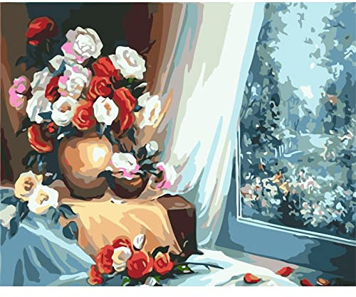 Peinture par numéros pour rebord de fenêtre avec rose rouge et blanche - Scène de neige - Peinture à l'huile sur toile à faire soi-même - Pour adultes, enfants, débutants, cafés, restaurants