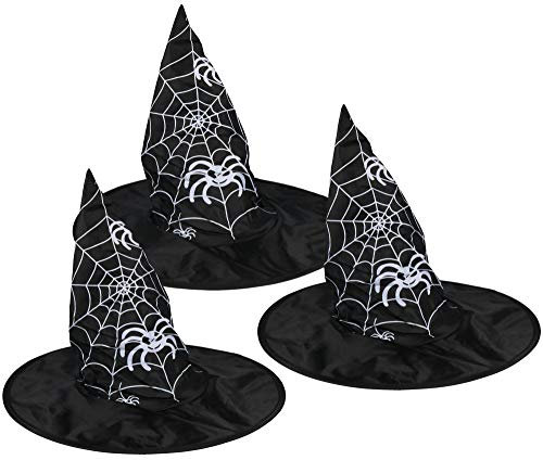 com-four® 3x Hexenhut für Hexenkostüm - Zauberer Hut ideal zu Fasching, Karneval, Halloween (03 Stück - Hut Spinnennetz)