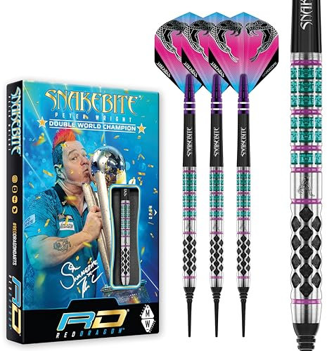 RED DRAGON Peter Wright Snakebite Supa-Venom 18 g Laufgewicht / 20 g Vollgewicht Softip Premium Tungsten Darts Set mit Flights und Stielen